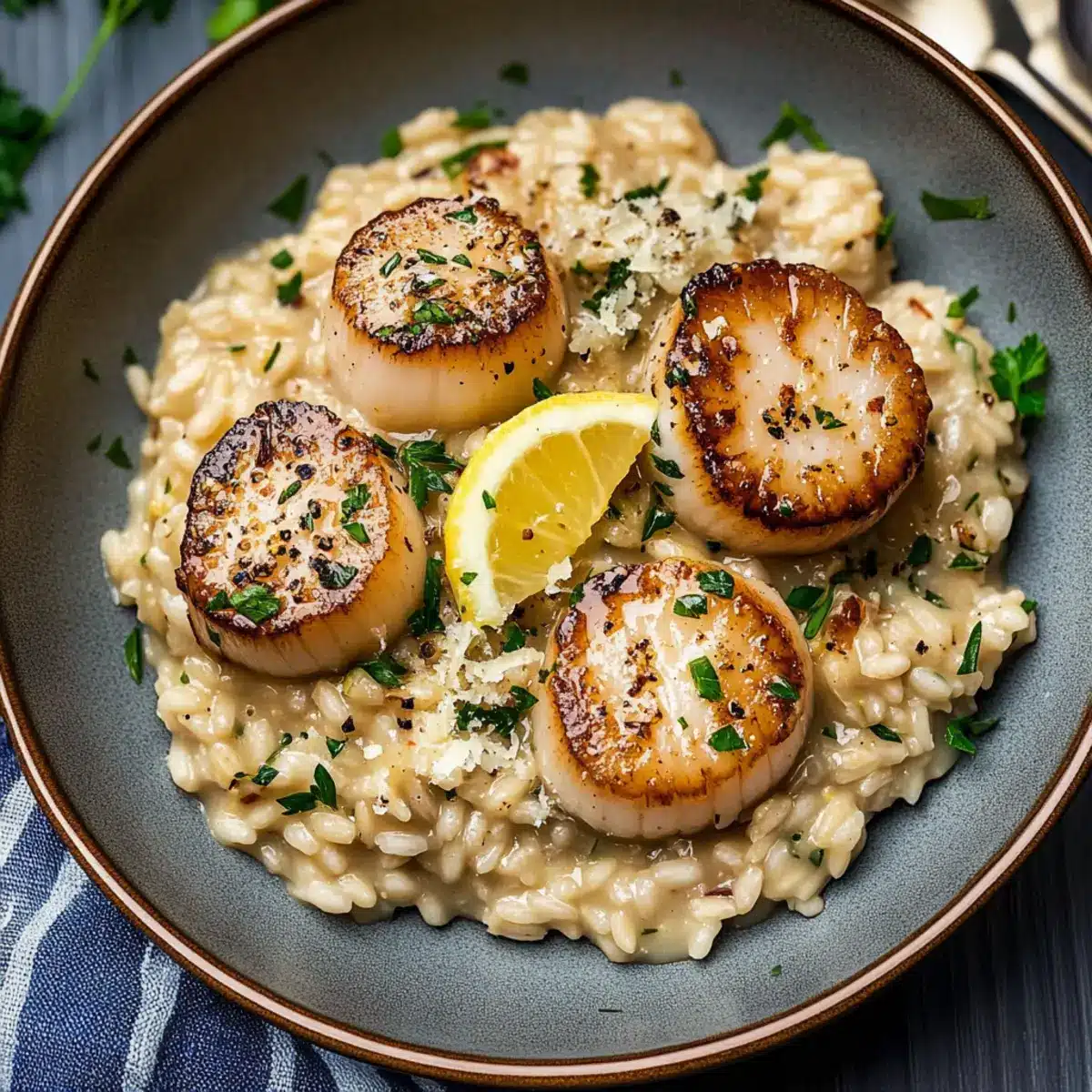 Lemon Butter Scallops Over Parmesan Risotto