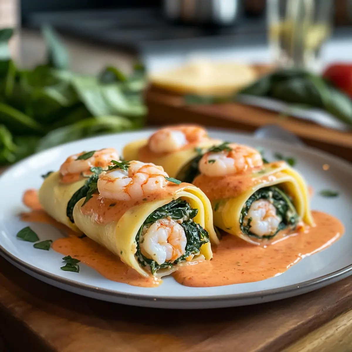 Shrimp and Spinach Stuffed Pasta Rolls